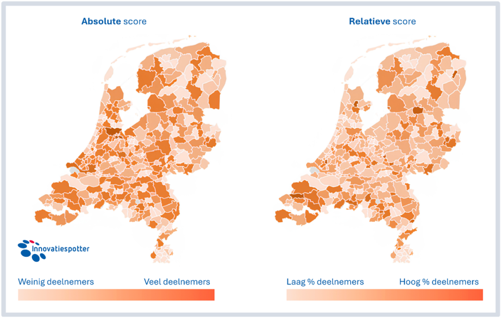 Twee kaarten van Nederland op gemeenteniveau. De linkerkaart toont de absolute score: het aantal deelnemende bedrijven per gemeente, op een kleurschaal van lichtroze (weinig deelnemers) tot donkeroranje (veel deelnemers). Stedelijke gemeenten in de Randstad en Brabant kleuren het donkerst. De rechterkaart toont de relatieve score: het percentage deelnemende bedrijven ten opzichte van het totale aantal bedrijven per gemeente, op dezelfde kleurschaal van lichtroze (laag percentage) tot donkeroranje (hoog percentage). Bij de relatieve kaart springen ook kleinere gemeenten buiten de Randstad naar voren.