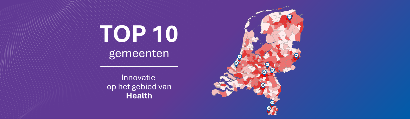Kaart van Nederland met het aantal bedrijven per gemeente met Health-innovaties, in verhouding tot het totale aantal bedrijven Donkerrode gemeenten scoren het hoogst.