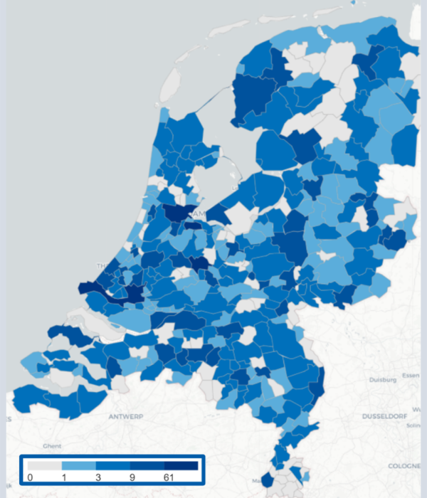 Figuur 3: Het aantal KVK Top 100 deelnemers per gemeente in 5 categorieen