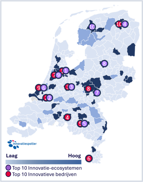 Kaart van Nederland met de top 10 circulaire innovatie-ecosystemen (paarse markers) en top 10 innovatieve bedrijven (rode markers) per gemeente. De achtergrondkleur van gemeenten loopt van lichtblauw (laag) naar donkerblauw (hoog), wat de concentratie van circulaire activiteit aangeeft. De hoogst scorende regio's bevinden zich onder andere in de Randstad, de regio Eindhoven en Groningen/Assen. Bron: Innovatiespotter.